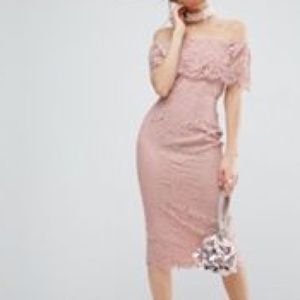 ASOS lace Bardot midi pencil dress